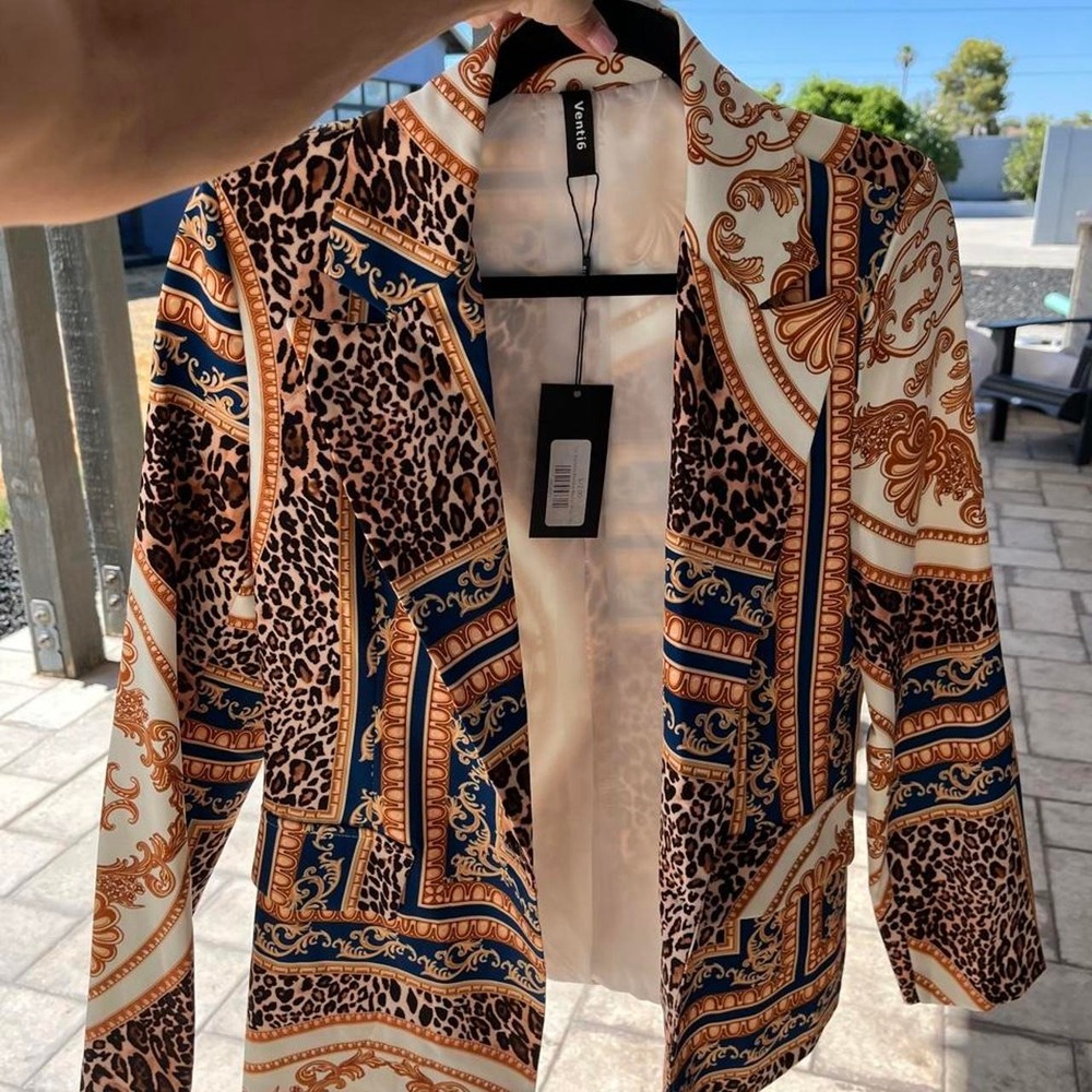 Venti6 Statement Blazer Leopard Baroque Print Open Front